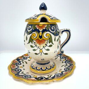 Antique Rouen Faience Lidded Pot & Saucer Hand Painted French Earthenware Floral